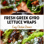 Fresh lettuce wraps filled with Greek Chicken Gyros, topped with creamy Greek Chicken Sauce and Mediterranean herbs.